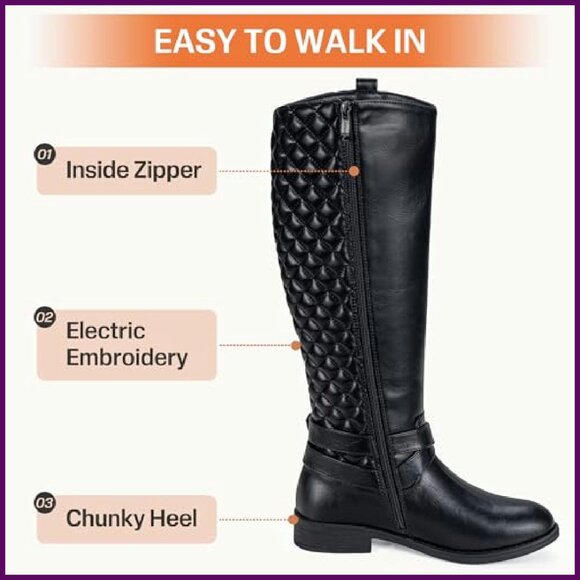 Women's Knee High Riding Boots Low Heel Wide Calf Vegan Leather - Picture 6 of 8